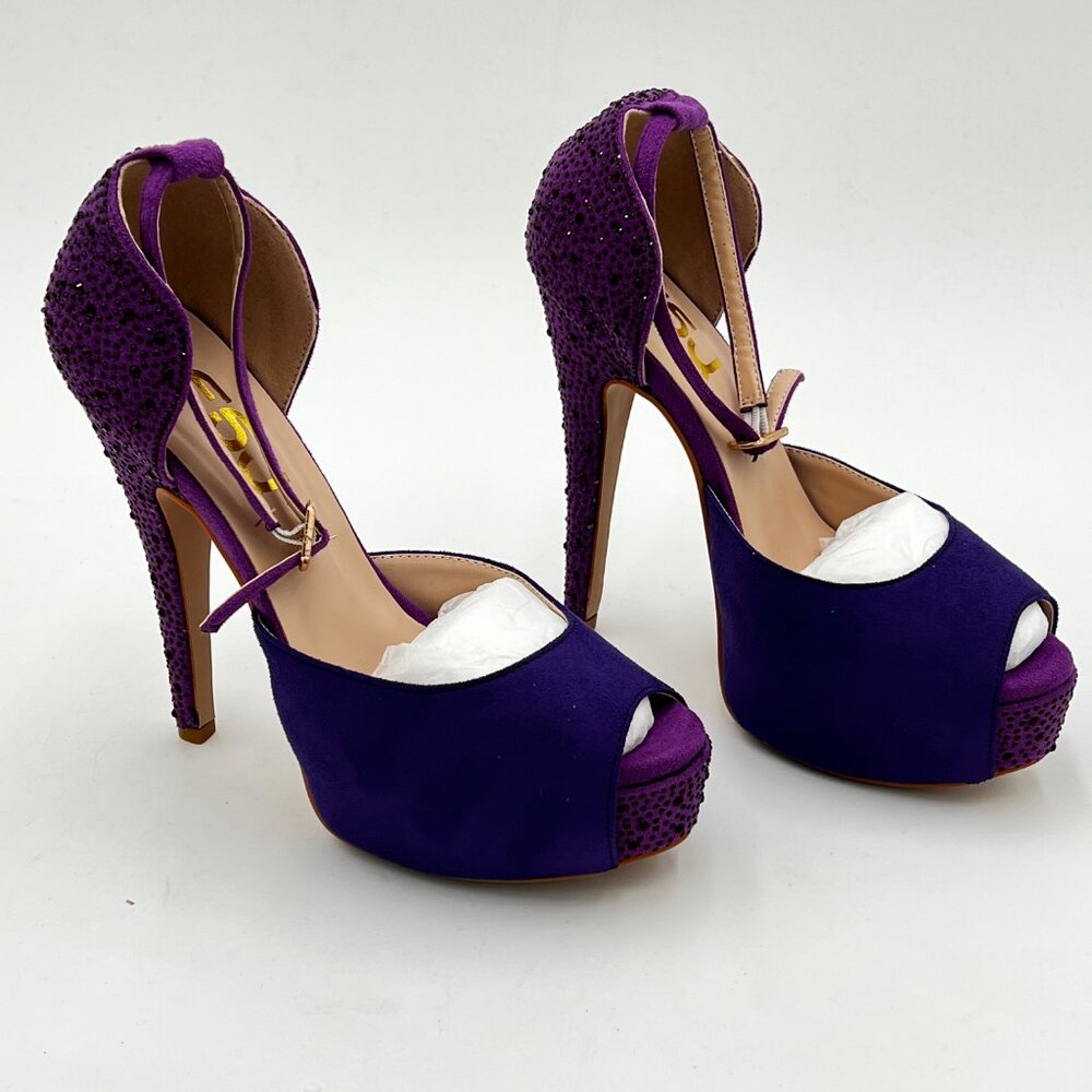 FSJ Purple Rhinestone Platform Sandals High Heel Peep Toe Ankle Strap Shoes